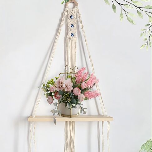 أرفف Macrame العائمة لديكور جدار بوهو - لا توجد أرفف جدار خشبية الحفر مع خطافات لاصقة وتصميم واحد - رف تخزين مزخرف لغرفة النوم ، غرفة المعيشة ، سهلة التثبيت (طبقة واحدة) in Kuwait