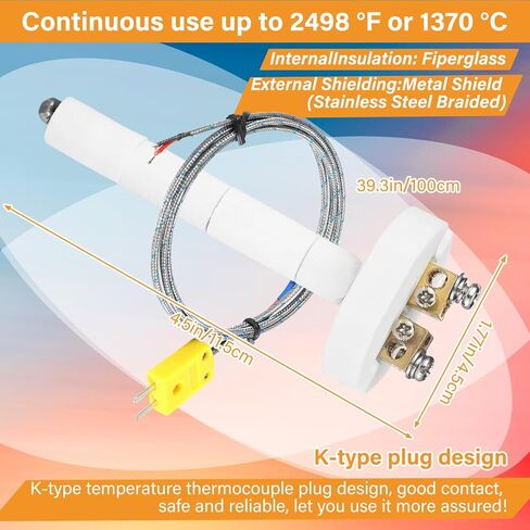 Full Range High Temperature K-Type Thermocouple with Ceramic Kiln Insulator Sensor Probe Digital K Type Thermometer Measuring Temperature up to 2372 °F 1300 °C for Kiln, Crucible and Forge in Saudi Arabia
