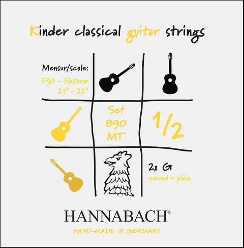 سلسلة سلاسل الجيتار الكلاسيكية Hannabach 890 MT لـ 1/4 مقياس الغيتار للأطفال: 49-52 سم - مع 2 G -Strings - 890mt 1/4 in Kuwait