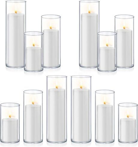 12 PCS White Pillar Candles with Glass Candle Holders Clear Hurricane Candle Holders Glass Cylinder Vases for Centerpieces Wedding Party, Event, Home Office in Saudi Arabia