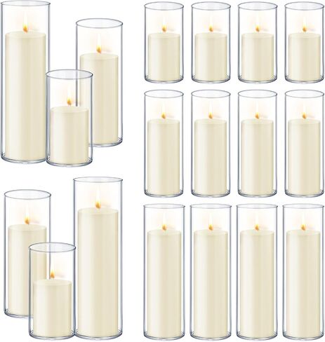 12 PCS White Pillar Candles with Glass Candle Holders Clear Hurricane Candle Holders Glass Cylinder Vases for Centerpieces Wedding Party, Event, Home Office in Saudi Arabia