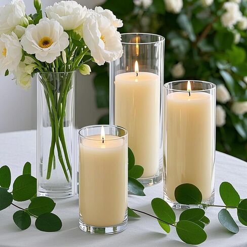 12 PCS White Pillar Candles with Glass Candle Holders Clear Hurricane Candle Holders Glass Cylinder Vases for Centerpieces Wedding Party, Event, Home Office in Saudi Arabia