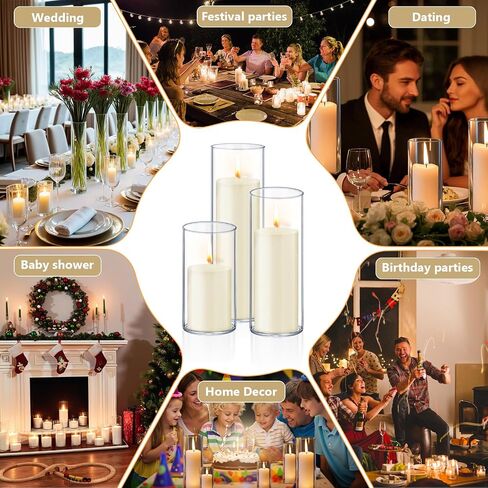 12 PCS White Pillar Candles with Glass Candle Holders Clear Hurricane Candle Holders Glass Cylinder Vases for Centerpieces Wedding Party, Event, Home Office in Saudi Arabia
