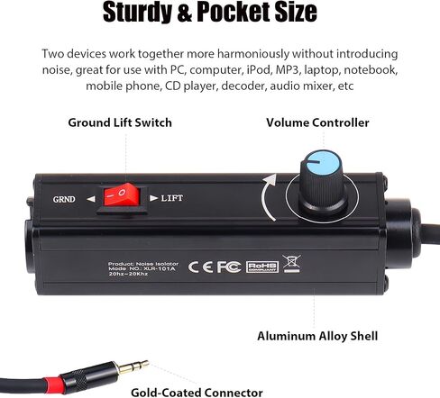 AUX to XLR Isolation Box, 3.5mm TRS to 3-Pin XLR Hum Eliminator with Volume Control, Built-in Audio Transformer & Ground Lift Switch, 3.3ft Cord, Removable Gold Coated AUX Plug in Kuwait