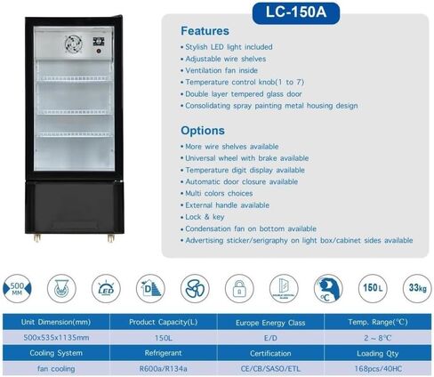 ثلاجة باب زجاجية تجارية ، تاجر ETL Coller Cooler ، 64 "علبة عرض عالية ، تبريد المروحة 9.8 Cu. in Kuwait