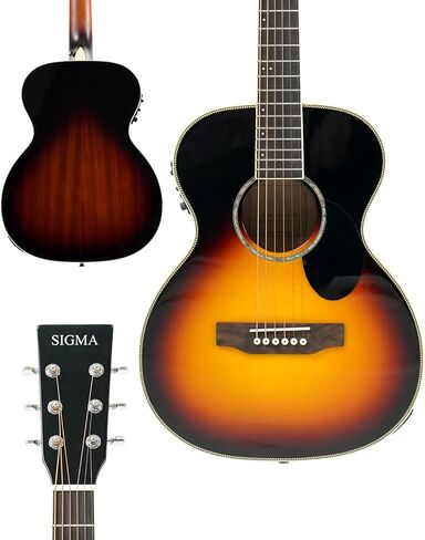 Sigma 36.5 "الغيتار الكهربائي الصوتي ، OM Junior ، Name Brand Exp16 Strings ، Top Top ، Black Gloss ، Sapele/Mahogany Back & Sides ، Right (8omje) in Saudi Arabia