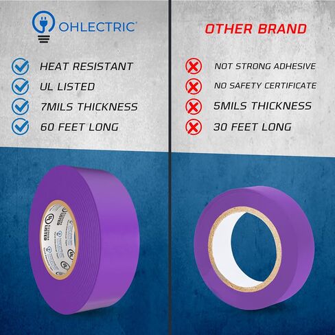 OHLECTRIC Professional Grade Vinyl Electrical Tape (1 Pack) Purple - 7 Mil Thick Flame-Retardant, Heat & Weather Resistant 3/4 Inch x 60 Feet | Ideal for Contractors & Electricians in Saudi Arabia
