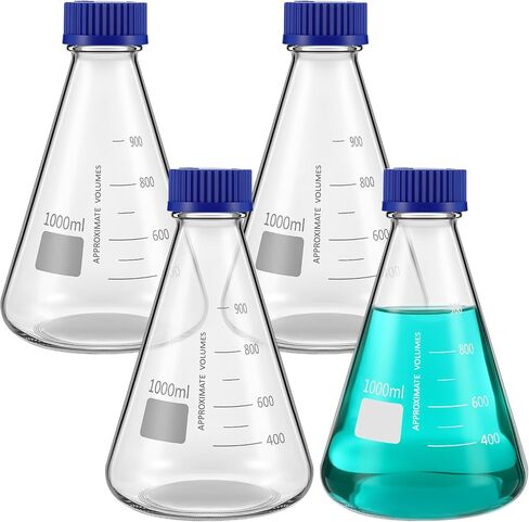 4 حزمة زجاجية قارورة Erlenmeyer 1000 مل مع غطاء غطاء المسمار - التخرج الأبيض المخروطي لطلاب المعلمين في المختبرات in Saudi Arabia