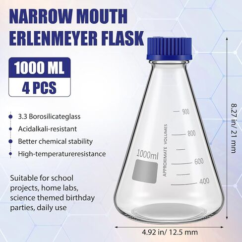 4 حزمة زجاجية قارورة Erlenmeyer 1000 مل مع غطاء غطاء المسمار - التخرج الأبيض المخروطي لطلاب المعلمين في المختبرات in Saudi Arabia