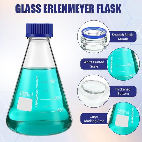 4 حزمة زجاجية قارورة Erlenmeyer 1000 مل مع غطاء غطاء المسمار - التخرج الأبيض المخروطي لطلاب المعلمين في المختبرات in Saudi Arabia