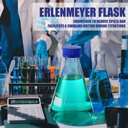 4 حزمة زجاجية قارورة Erlenmeyer 1000 مل مع غطاء غطاء المسمار - التخرج الأبيض المخروطي لطلاب المعلمين في المختبرات in Saudi Arabia