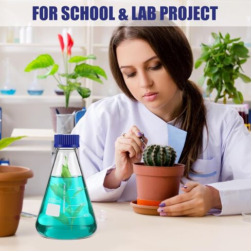 4 حزمة زجاجية قارورة Erlenmeyer 1000 مل مع غطاء غطاء المسمار - التخرج الأبيض المخروطي لطلاب المعلمين في المختبرات in Saudi Arabia
