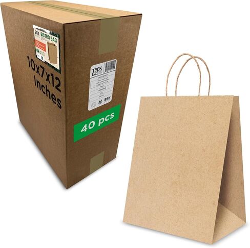 TEEK EJ2 250 قطعة من أكياس الورق البنية ذات المقابض مقاس 10 × 6.75 × 11.75 بوصة - حقائب هدايا بنية، وحقيبة ورق كرافت بمقابض ملتوية، وحقائب تسوق للشركات الصغيرة، ومتاجر البيع بالتجزئة، والبضائع in Kuwait