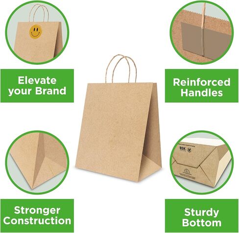 TEEK EJ2 250 قطعة من أكياس الورق البنية ذات المقابض مقاس 10 × 6.75 × 11.75 بوصة - حقائب هدايا بنية، وحقيبة ورق كرافت بمقابض ملتوية، وحقائب تسوق للشركات الصغيرة، ومتاجر البيع بالتجزئة، والبضائع in Kuwait