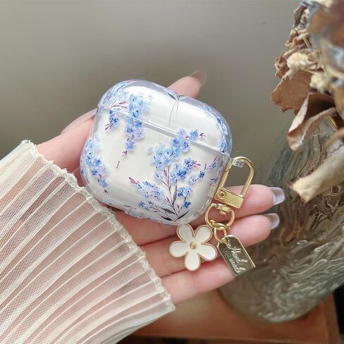 MINSCOSE Compatible with AirPods Pro/Pro2 Clear Case,Cute Flower Pattern Design with Floral Keychain, Soft TPU Protective Shockproof Cover for AirPods Pro/Pro2 Generation for Women Girls-Blue Flower in Saudi Arabia