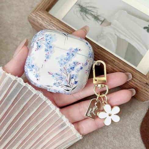 MINSCOSE Compatible with AirPods Pro/Pro2 Clear Case,Cute Flower Pattern Design with Floral Keychain, Soft TPU Protective Shockproof Cover for AirPods Pro/Pro2 Generation for Women Girls-Blue Flower in Saudi Arabia
