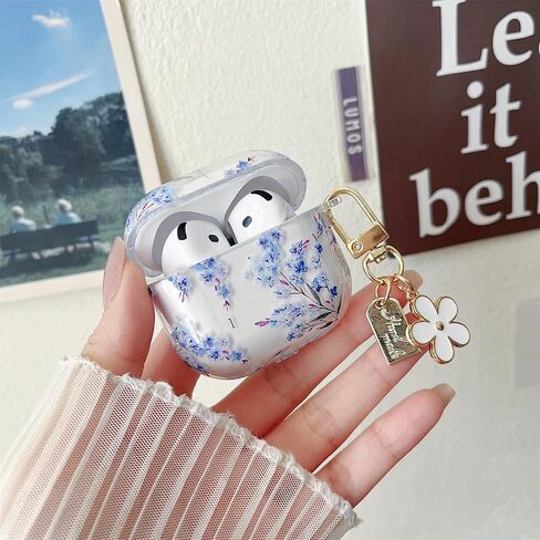 MINSCOSE Compatible with AirPods Pro/Pro2 Clear Case,Cute Flower Pattern Design with Floral Keychain, Soft TPU Protective Shockproof Cover for AirPods Pro/Pro2 Generation for Women Girls-Blue Flower in Saudi Arabia