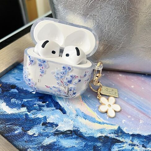 MINSCOSE Compatible with AirPods Pro/Pro2 Clear Case,Cute Flower Pattern Design with Floral Keychain, Soft TPU Protective Shockproof Cover for AirPods Pro/Pro2 Generation for Women Girls-Blue Flower in Saudi Arabia