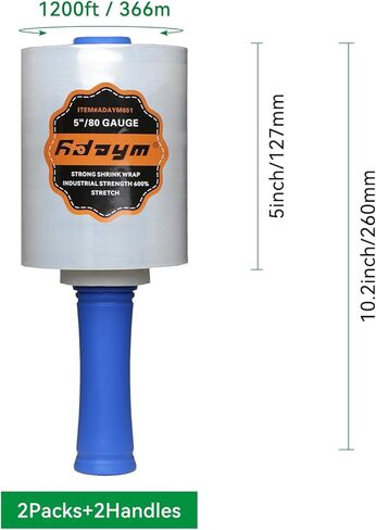 80 Gauge Stretch Wrap Film - 5 "× 1200 '(12 لفائف) - غلاف بلاستيكي شاق للتحرك والتعبئة والشحن والاستقرار البليت بنسبة 600 ٪ in Kuwait