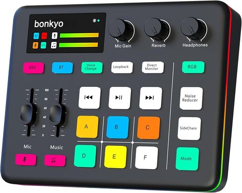 خلاط صوت الألعاب وواجهة USB مع ميكروفون XLR ، Bluetooth 5.0 ، RGB ، 48V Phantom Power ، تغيير الصوت ، بطاقة الصوت G1 لـ PS5 ، Tiktok Live Streaming ، Podcasting (Black) in Kuwait