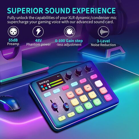 خلاط صوت الألعاب وواجهة USB مع ميكروفون XLR ، Bluetooth 5.0 ، RGB ، 48V Phantom Power ، تغيير الصوت ، بطاقة الصوت G1 لـ PS5 ، Tiktok Live Streaming ، Podcasting (Black) in Kuwait
