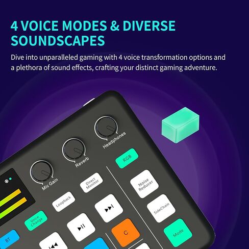 خلاط صوت الألعاب وواجهة USB مع ميكروفون XLR ، Bluetooth 5.0 ، RGB ، 48V Phantom Power ، تغيير الصوت ، بطاقة الصوت G1 لـ PS5 ، Tiktok Live Streaming ، Podcasting (Black) in Kuwait