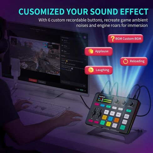 خلاط صوت الألعاب وواجهة USB مع ميكروفون XLR ، Bluetooth 5.0 ، RGB ، 48V Phantom Power ، تغيير الصوت ، بطاقة الصوت G1 لـ PS5 ، Tiktok Live Streaming ، Podcasting (Black) in Kuwait