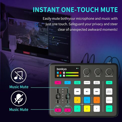 خلاط صوت الألعاب وواجهة USB مع ميكروفون XLR ، Bluetooth 5.0 ، RGB ، 48V Phantom Power ، تغيير الصوت ، بطاقة الصوت G1 لـ PS5 ، Tiktok Live Streaming ، Podcasting (Black) in Kuwait