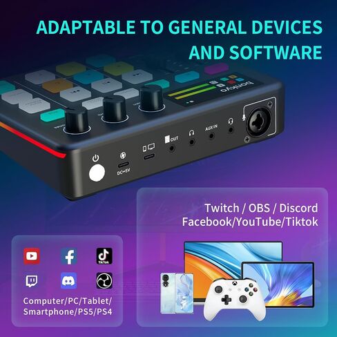 خلاط صوت الألعاب وواجهة USB مع ميكروفون XLR ، Bluetooth 5.0 ، RGB ، 48V Phantom Power ، تغيير الصوت ، بطاقة الصوت G1 لـ PS5 ، Tiktok Live Streaming ، Podcasting (Black) in Kuwait