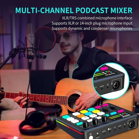 خلاط صوت الألعاب وواجهة USB مع ميكروفون XLR ، Bluetooth 5.0 ، RGB ، 48V Phantom Power ، تغيير الصوت ، بطاقة الصوت G1 لـ PS5 ، Tiktok Live Streaming ، Podcasting (Black) in Kuwait