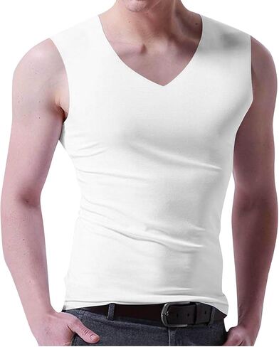 Stretchy Tank Top Men Solid Color Sleeveless V Neck Slim Fit Seamless Undershirts Summer Workout Athletic Shirts Tops in Saudi Arabia