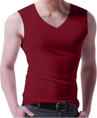 Stretchy Tank Top Men Solid Color Sleeveless V Neck Slim Fit Seamless Undershirts Summer Workout Athletic Shirts Tops in Saudi Arabia