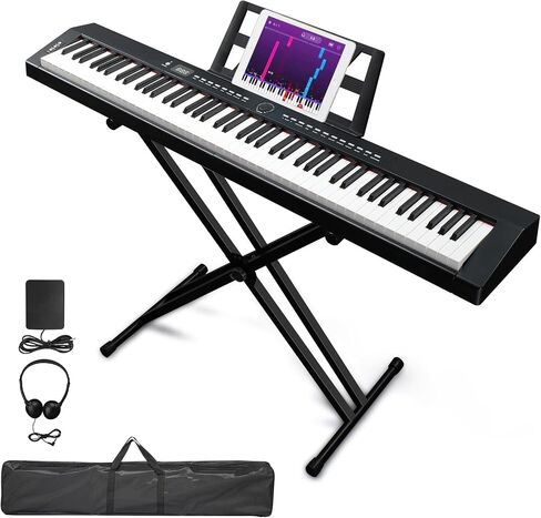 Ktaxon 88 Key Piano Keyboard Piano شبه مرفأية ، بيانو لوحة مفاتيح محمولة مع حامل بيانو مستقر ، حقيبة حمل محمولة ، مقابس سماعات رأس ، بلوتوث ، ميدي ، 200 إيقاعات و 200 نون (أسود) in Kuwait