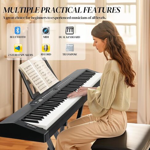 Ktaxon 88 Key Piano Keyboard Piano شبه مرفأية ، بيانو لوحة مفاتيح محمولة مع حامل بيانو مستقر ، حقيبة حمل محمولة ، مقابس سماعات رأس ، بلوتوث ، ميدي ، 200 إيقاعات و 200 نون (أسود) in Kuwait
