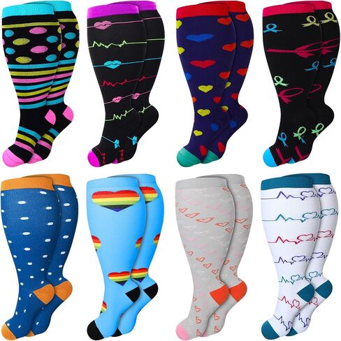 8 أزواج 3x-large بالإضافة إلى الجوارب ضغط الحجم للنساء رجال عجل عجل كبير حجم الدعم ركبة الحجم الجوارب للدورة الدموية (نمط نابض بالحياة) in Kuwait