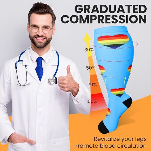 8 أزواج 3x-large بالإضافة إلى الجوارب ضغط الحجم للنساء رجال عجل عجل كبير حجم الدعم ركبة الحجم الجوارب للدورة الدموية (نمط نابض بالحياة) in Kuwait