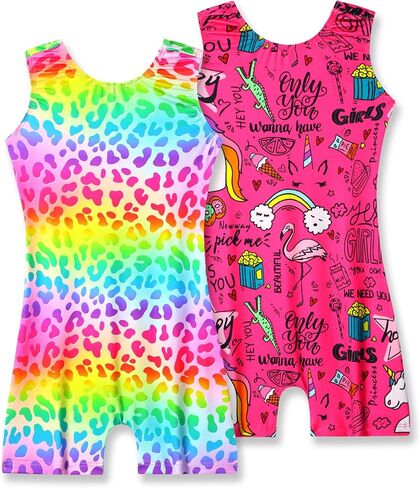 Nymphperi Girls Leotards Gymnastics 2 Pack Rainbow Star Hot Pink Unicorn Biketard for 9-10 Years Old Kids in Kuwait