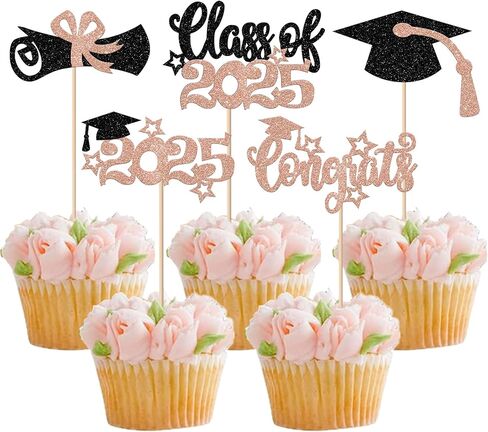 RSSTARXI 24 Pack Prom 2025 Cupcake Toppers Glitter Prom 2025 Graduation Cupcake Picks Class Of 2025 Cake Decorations for 2025 College Graduation Prom Party Decorations Silver in Saudi Arabia