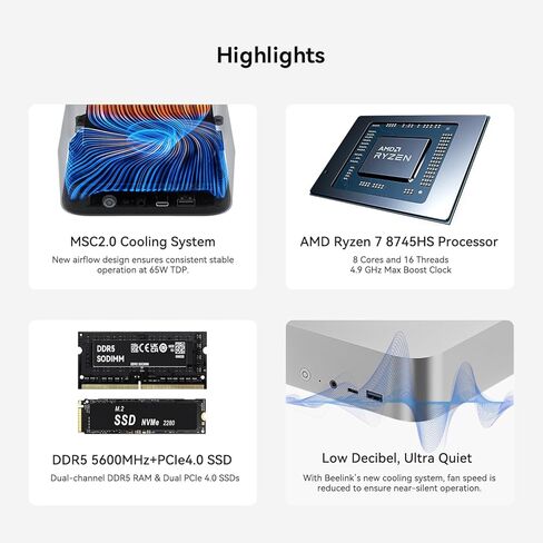 Beelink SER8 Mini PC AMD Ryzen 7 8745HS(8C/16T up to 4.9GHz),32GB DDR5-5600MHz 1TB PCIe4.0 SSD, AMD Radeon 780M Graphics 12core 2600MHz Gaming PC, USB4.0/ Triple Display/ WiFi6/ BT5.2/2.5Gbps LAN in Saudi Arabia