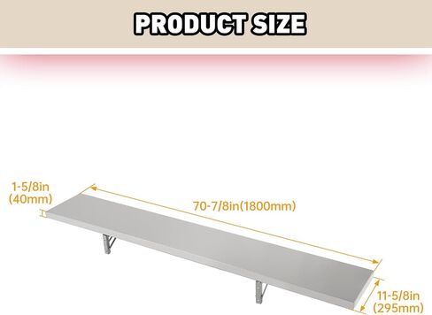 HECASA 6 FT 70.8" L X 11.6" W Folding Concession Window Shelf Food Shelf Food Truck Concession Stand Serving Wall Mounted Shelf for Restaurant Bar Utility Room Kitchen Garage Stainless Steel in Saudi Arabia
