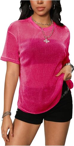 Oyoangle Women's Glitter Sheer See من خلال أعلى الأكمام القصيرة القصيرة فضفاضة قميص شبكة شيرت لامعة غير رسمية in Kuwait