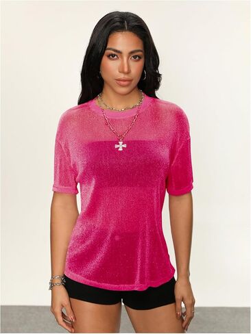 Oyoangle Women's Glitter Sheer See من خلال أعلى الأكمام القصيرة القصيرة فضفاضة قميص شبكة شيرت لامعة غير رسمية in Kuwait