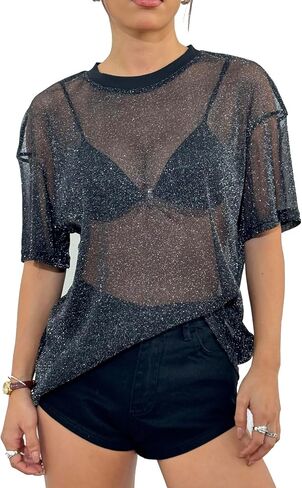 Oyoangle Women's Glitter Sheer See من خلال أعلى الأكمام القصيرة القصيرة فضفاضة قميص شبكة شيرت لامعة غير رسمية in Kuwait