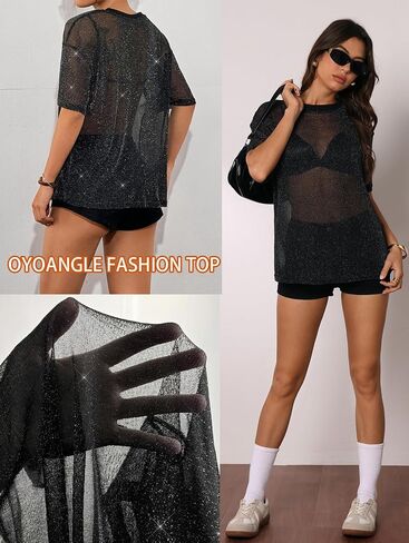 Oyoangle Women's Glitter Sheer See من خلال أعلى الأكمام القصيرة القصيرة فضفاضة قميص شبكة شيرت لامعة غير رسمية in Kuwait