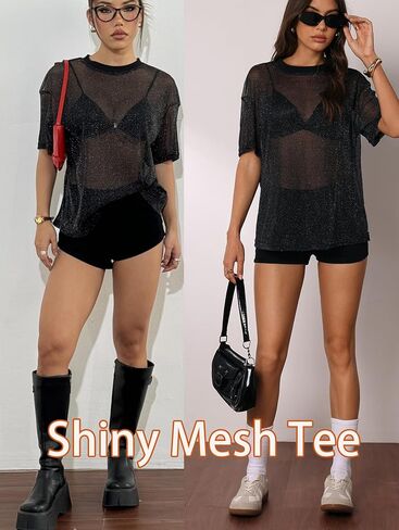 Oyoangle Women's Glitter Sheer See من خلال أعلى الأكمام القصيرة القصيرة فضفاضة قميص شبكة شيرت لامعة غير رسمية in Kuwait