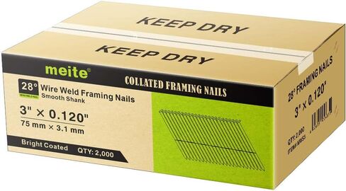 meite 28 Degree Framing Nails, Offset Round Head 3-Inch × .120-Inch Bright Coated Wire Weld Collated Nails Smooth Shank Framing Nails for Framing Nailer Gun (2,000 PCS) in Saudi Arabia