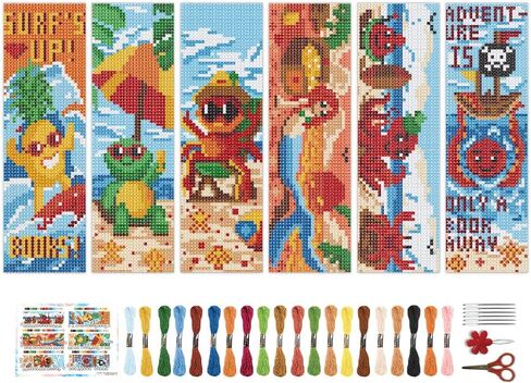 BEUNITONE 6 PCS Cross Stitch Stitch kits للمبتدئين البالغين Starry Sky Pattern DIY Stampered Stembery Longmark Kit مع تعليمات Cross Stitch Kits لمحبي الكتب القارئون هدية 2.4 "x8" in Kuwait