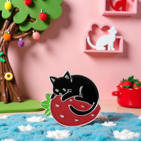 Cute Cat Enamel Brooch Pins Cartoon Cat Strawberry Brooch Pins Badges Lapel Pin for Women Girl Backpacks Clothing Bags Jackets Jewelry in Saudi Arabia