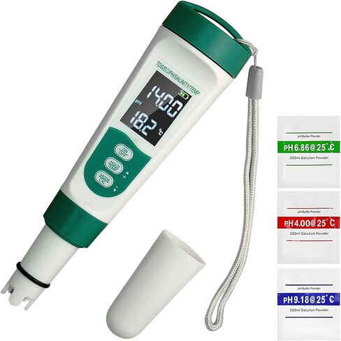 عرض اختبار Water Meter Watter 5 في 1 ، الوظائف: PH ، TDS ، EC ، Salt ، Temp ، IPX5 مقاوم للماء ، دقة عالية مع 3 مساحيق للمعايرة ، لمسبح المياه المالحة ، أحواض المياه الساخنة ، SPAs ، Aquarium ، نظام الزراعة المائية in Kuwait