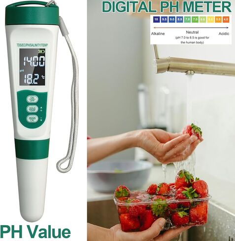 عرض اختبار Water Meter Watter 5 في 1 ، الوظائف: PH ، TDS ، EC ، Salt ، Temp ، IPX5 مقاوم للماء ، دقة عالية مع 3 مساحيق للمعايرة ، لمسبح المياه المالحة ، أحواض المياه الساخنة ، SPAs ، Aquarium ، نظام الزراعة المائية in Kuwait